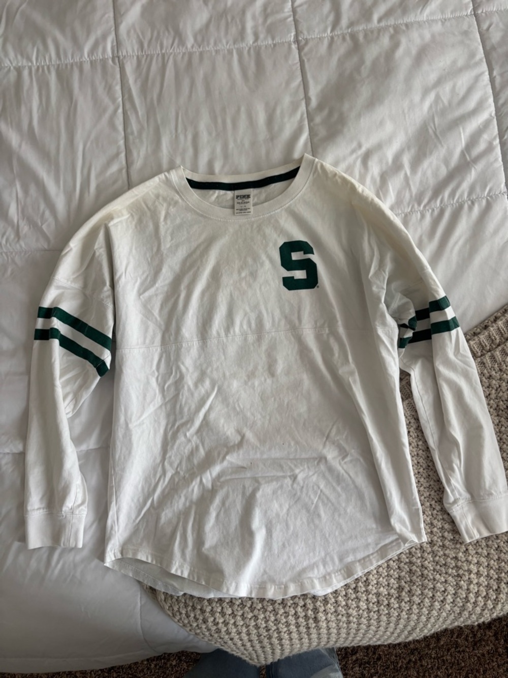 PINK Victoria's Secret White Long-Sleeve Tee with Green 'S' and Stripe Accents
